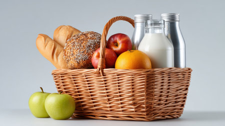 A wicker shopping basket filled with fresh groceries including bread, apples, oranges, and milk bottles, creating wholesome and inviting sceneの素材