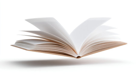 An open book with blank pages is floating against white background, showcasing its elegant design and simplicity. this evokes sense of creativity and potential for storytellingの素材