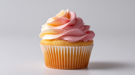 A delicious cupcake with pink and white frosting, beautifully presented on plain background, perfect for celebrations or dessert loversの素材