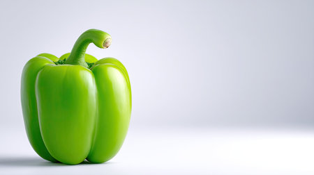 A vibrant green bell pepper stands out against clean, white background, showcasing its smooth texture and fresh appearance. this evokes sense of freshness and healthinessの素材