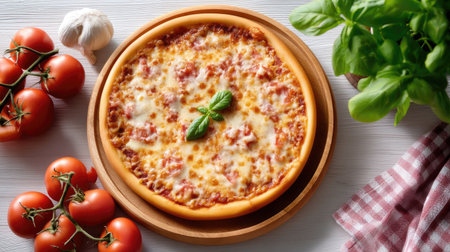 A delicious pizza topped with melted cheese, fresh basil, and rich tomato sauce, surrounded by ripe tomatoes and garlic, creating vibrant and appetizing sceneの素材