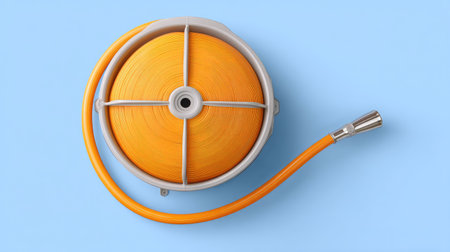 A coiled garden hose reel in vibrant orange color, showcasing neat and organized design. ideal for outdoor gardening and watering tasks, this tool adds pop of color to any garden setupの素材