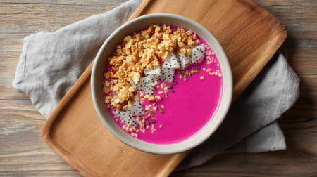 A vibrant smoothie bowl featuring bright pink base made from dragon fruit, topped with crunchy cereal, fresh fruit pieces, and seeds, served on wooden trayの素材