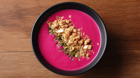 A vibrant smoothie bowl featuring rich pink base made from dragon fruit, topped with crunchy granola and seeds, creating delightful and healthy breakfast optionの素材