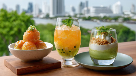 A delight in vibrant afternoon tea featuring tropical cocktails and desserts, showcasing refreshing flavors and beautiful presentation against city skyline backdropの素材