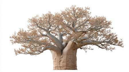 A baobab tree stands isolated on white background, showcasing its thick trunk and sprawling branches. this majestic tree symbolizes resilience and strength, evoking sense of wonder and admirationの素材