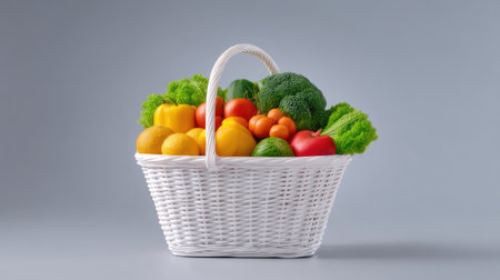A fresh fruits and vegetables in white wicker basket, showcasing vibrant colors and healthy options. this arrangement includes peppers, tomatoes, lettuce, and more, promoting healthy lifestyleの素材