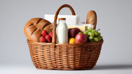 A wicker shopping basket filled with fresh groceries including bread, fruits, milk, and cheese, creating wholesome and inviting sceneの素材