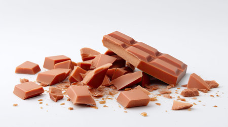 A delicious chocolate bar pieces scattered on clean white background, showcasing variety of shapes and textures. rich color and smooth surface evoke sense of indulgence and sweetnessの素材