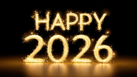 A happy 2026 is displayed in sparkling golden letters, creating festive and celebratory atmosphere. glowing effect adds sense of joy and excitement for upcoming yearの素材