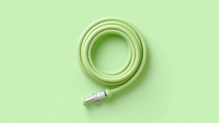 A neatly coiled garden hose in light green color, resting on soft green background, showcases its smooth texture and functional design, perfect for outdoor watering tasksの素材