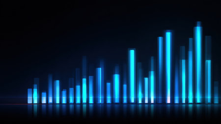 This digital artwork features glowing blue bars arranged in a dynamic pattern against a dark background, representing sound waves and data analytics in a creative way.の素材