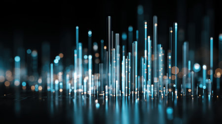 Stunning abstract visualization of glowing lines in blue and orange hues, symbolizing sound waves and data streams in a dark, dynamic environment.の素材