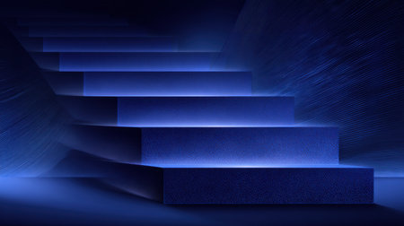An ethereal view of blue stairs illuminated by soft light creates a surreal atmosphere, perfect for abstract and conceptual design projects, evoking mystery and depth.の素材