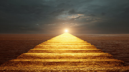 A stunning golden pathway extends over still waters, illuminated by a radiant sunset. This enchanting scene inspires feelings of hope, journey, and tranquility.の素材