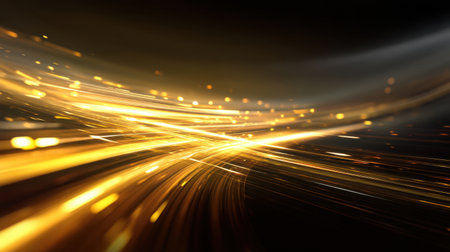 This stunning abstract image features flowing light trails in golden hues against a rich black background, perfect for enhancing creative projects with dynamic energy.の素材