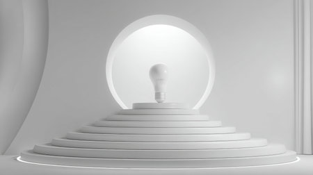 A captivating image depicting a light bulb elevated on a minimalist pedestal within a bright, white environment, symbolizing innovation and the essence of creativity.の素材