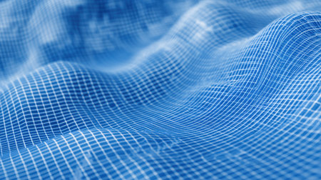 This image features a blue textured surface with a subtle grid pattern, creating soft waves and depth. Ideal for background or design use in modern and abstract themes.の素材