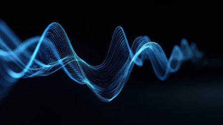 This mesmerizing abstract image features a blue wave pattern against a dark background, symbolizing sound frequency and digital signals. Ideal for technology themes.の素材