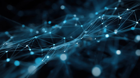 An abstract image portraying a futuristic technology scene with glowing blue lines and dots, symbolizing interconnected digital networks in a dark environment.の素材