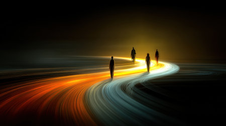This stunning image features silhouetted figures walking along a vibrant pathway infused with colorful light, creating a dreamlike atmosphere that inspires contemplation.の素材