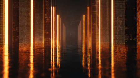 Explore a stunning digital pathway filled with vibrant neon lights that create a futuristic tunnel effect, reflecting beautifully on a wet surface in a dark atmosphere.の素材