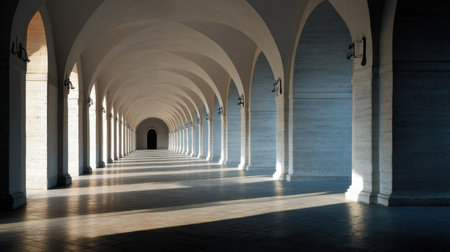 Explore the tranquil beauty of an arched hallway featuring soft light and intricate shadows, perfect for conveying architecture, space, and serene atmospheres.の素材