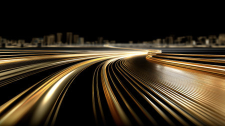 Explore the mesmerizing dynamic motion of glowing lines weaving through a futuristic cityscape, highlighting the interplay of light and speed in an artistic manner.の素材