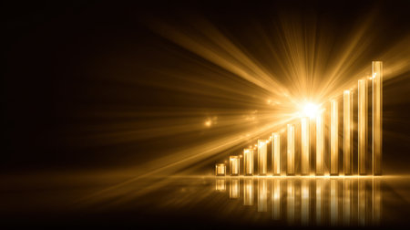 A dazzling golden bar chart rises against a dark background, symbolizing financial progress and success with radiant light and reflections enhancing the image.の素材