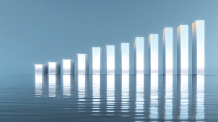 This image showcases a modern minimalist bar graph emerging from calm water, reflecting a sense of growth and success in the business and finance sectors.の素材