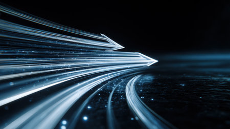 A visually striking dynamic composition featuring glowing light arrows on a dark background. This image evokes speed and direction, perfect for technology, movement, or innovation themes.の素材