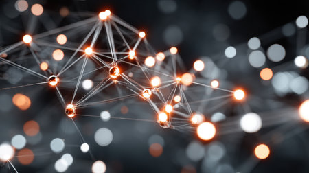 This stunning abstract network image features glowing nodes connected by intricate lines, symbolizing digital communication and modern technology in a striking visual style.の素材