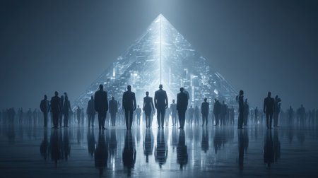 A captivating image featuring silhouettes of individuals standing before a towering pyramid structure, illuminated against a dark backdrop, symbolizing technology and mystery.の素材