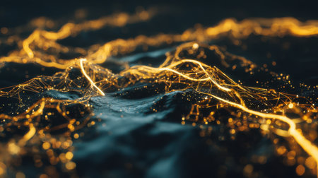 This artistic abstract image features glowing lines and shimmering particles over a dark background, evoking themes of connectivity and technological advancement.の素材