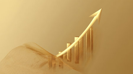 This image depicts a golden arrow soaring upwards, intertwined with graph bars, symbolizing growth and success in finance, perfect for business and marketing presentations.の素材