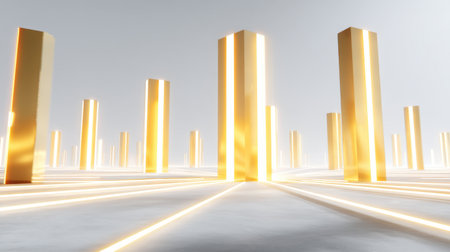 Abstract digital art featuring golden columns reflecting light in a bright modern space, creating a visually captivating atmosphere perfect for creative use.の素材