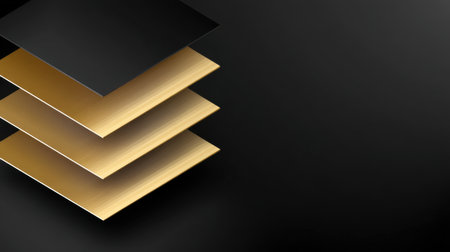 This image showcases layers of black and gold metal plates with a smooth texture, set against a dark background, ideal for modern design and artistic projects.の素材