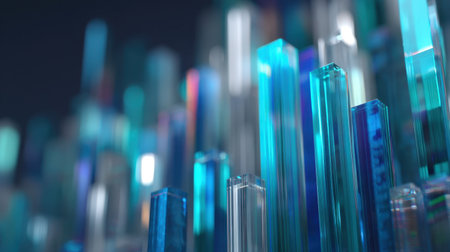 Stunning abstract image of crystal structures in vibrant blue and green shades, showcasing unique reflections and rich textures that convey depth and modern artistry.の素材