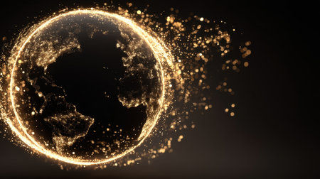 This captivating image features an abstract representation of Earth surrounded by glowing light particles, creating a vibrant sphere effect on a dark backdrop.の素材