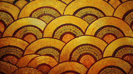 Explore this captivating golden mosaic pattern featuring intricate circular shapes that create a stunning decorative background perfect for art and design projects.の素材