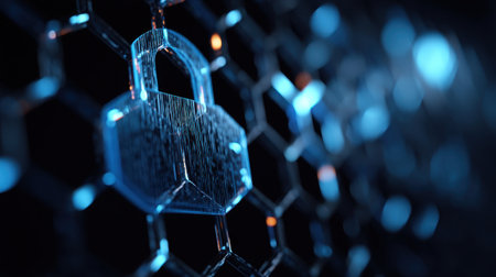 This image showcases a sleek lock embedded in a honeycomb structure, illuminated by soft blue lights, representing modern security and digital protection in today's technology landscape.の素材