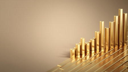 This image showcases elegant gold bars arranged in a rising graph, symbolizing growth and success in finance. Its smooth background enhances its luxurious feel, perfect for business themes.の素材