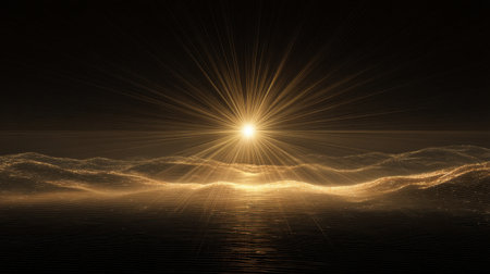 A stunning scene of golden sunlight radiating over gentle waves of water, creating a tranquil atmosphere. The beauty of nature shines in perfect harmony.の素材