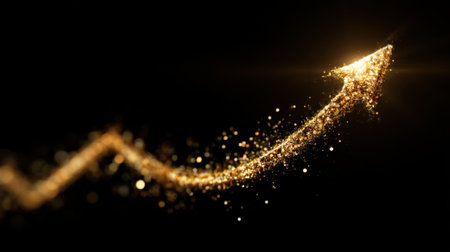 This stunning image features a golden arrow made of sparkling particles moving upward on a dark background, representing growth, success, and motivation in various fields.の素材