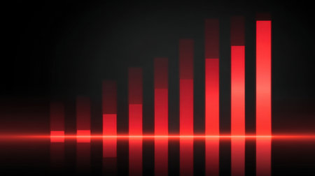 This striking image showcases a red bar graph representing increasing data trends, perfect for business analytics, financial reports, and marketing presentations.の素材