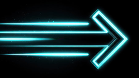A vibrant neon arrow radiates energy and movement, representing forward motion and innovation. This striking image is ideal for tech and creative projects, conveying direction and progress.の素材