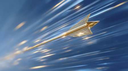 A stunning image of a golden arrow speeding through space, surrounded by a backdrop of blurred light rays. This visual captures themes of achievement, focus, and energy.の素材