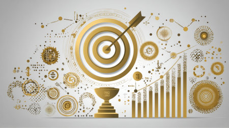 This abstract illustration features a bull's eye target with an arrow, surrounded by gold elements representing success, growth, and business achievement in the digital environment.の素材
