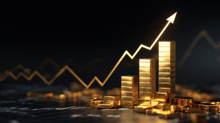 This image showcases golden cryptocurrency bars alongside a rising graph, symbolizing financial growth and investment potential in a modern economic environment, ideal for financial themes.の素材