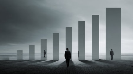 A lone businessman walks toward towering abstract columns, captured in a moody landscape. This surreal imagery reflects themes of growth, progress, and the journey toward success.の素材